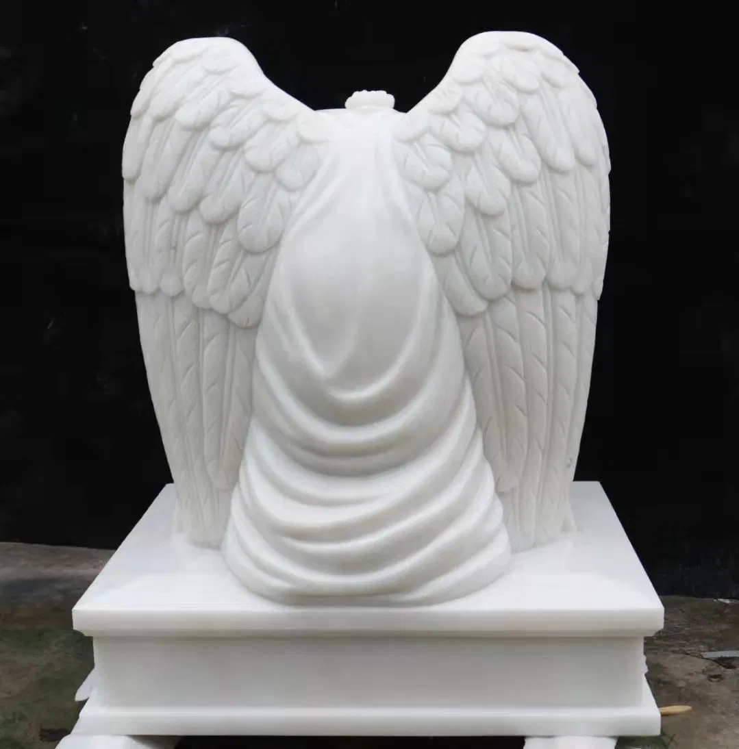 Sculpture funéraire de pierre tombale d'ange en marbre blanc