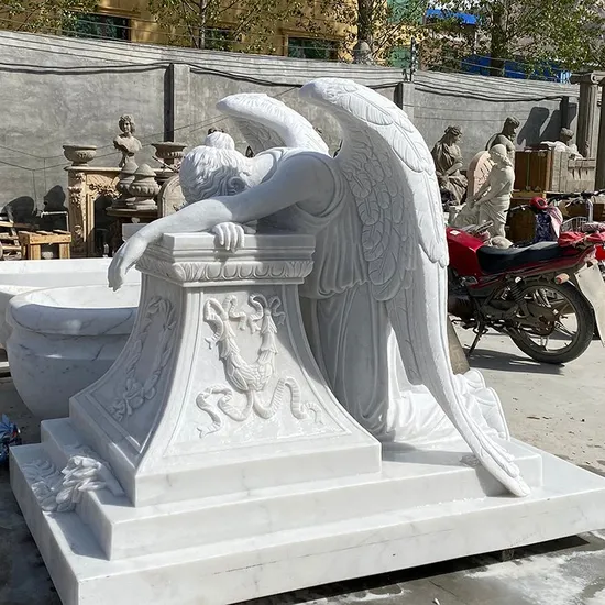 Hand-Carved Natural Marble Sad Angel Cemetery Sculpture