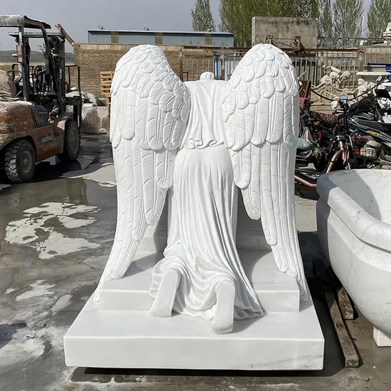Hand-Carved Natural Marble Sad Angel Cemetery Sculpture