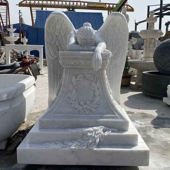 Hand-Carved Natural Marble Sad Angel Cemetery Sculpture